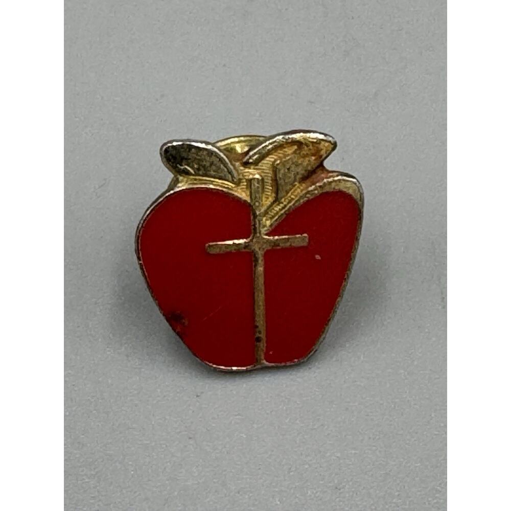 Vintage Red & Gold Colored Apple Shaped Lapel Pin Cross In Middle